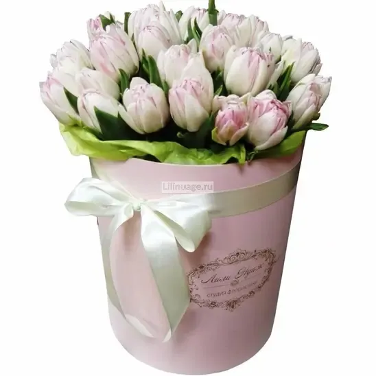 Тюльпаны «Тюльпаны в шляпной коробке "Пудровый цвет"» - фото 2