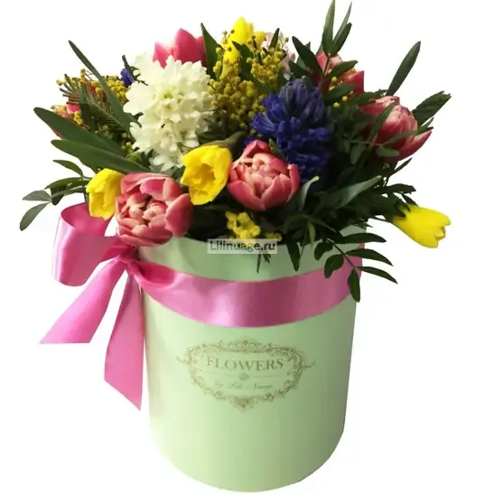 Тюльпаны «Букет "Весна" в шляпной коробке "Миди"» - фото 3