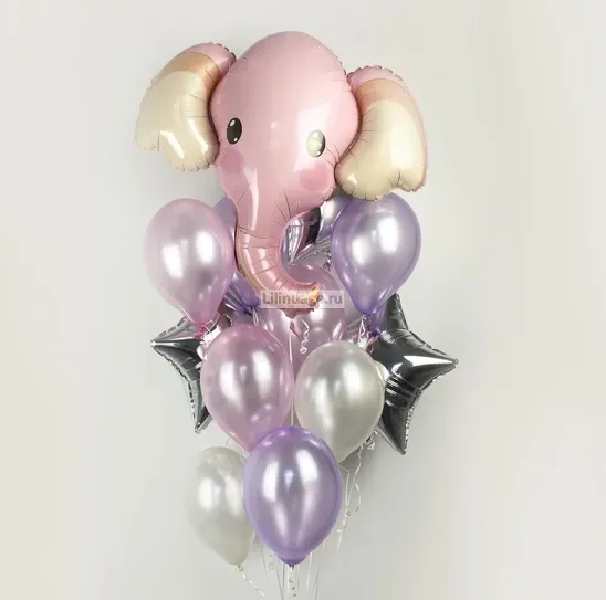 Воздушные шары «Фонтан из 15 шаров и розового слоника» - фото 1