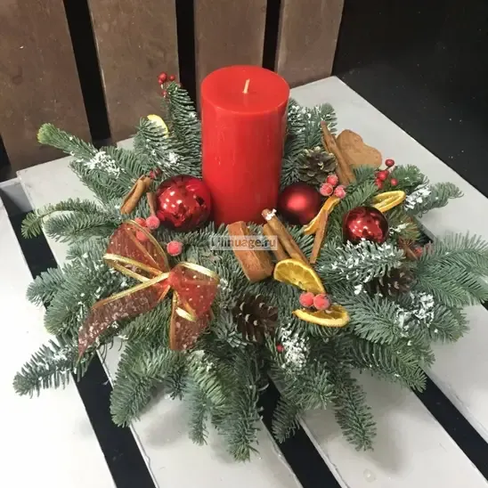 Новогодние композиции и наборы «Праздничная хвойная композиция на стол со свечой» - фото 1