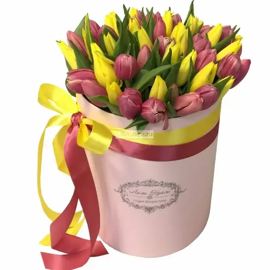 Тюльпаны «Микс тюльпанов в шляпной коробке» - фото 2
